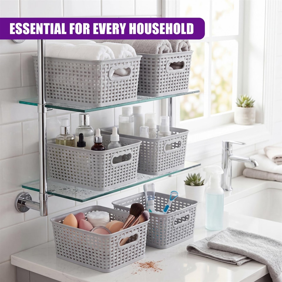 image 1 of GEEZY Small Plastic Storage Baskets Set of 6 Grey Woven Style Stackable Organizers