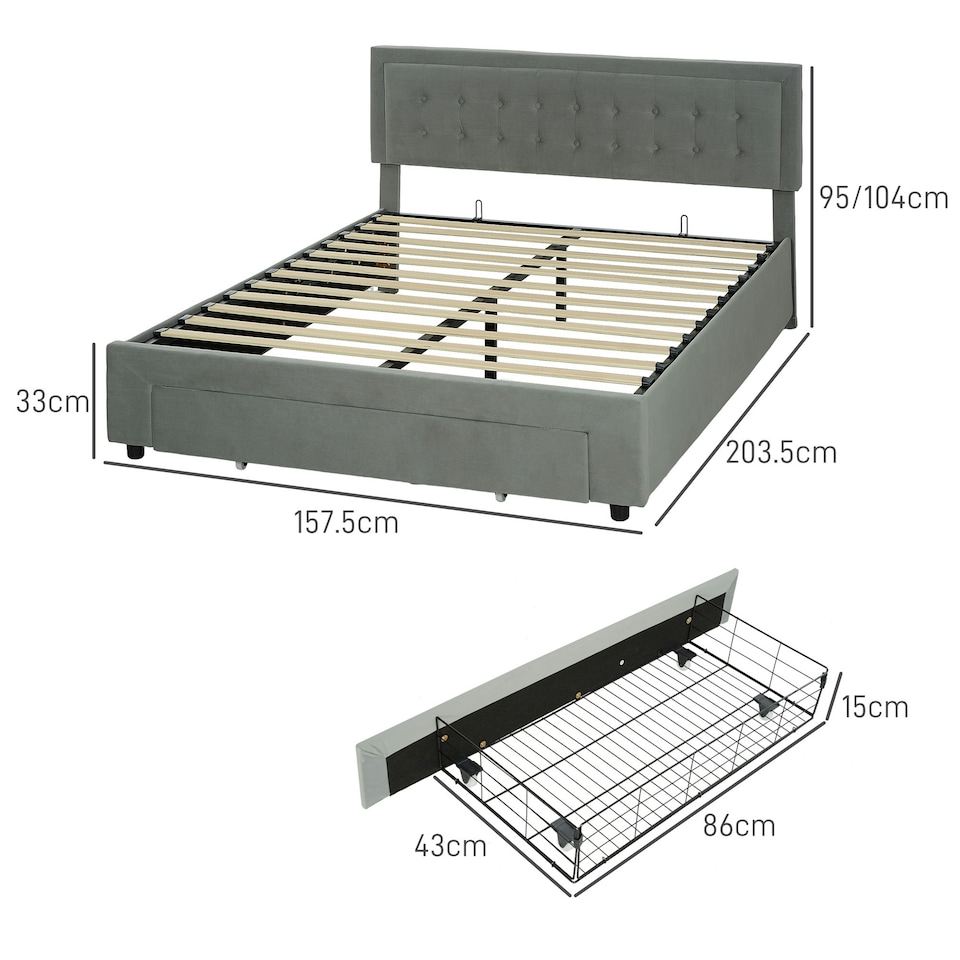 image 1 of HOMCOM King Size Bed Frame with Storage and Adjustable Velvet Headboard