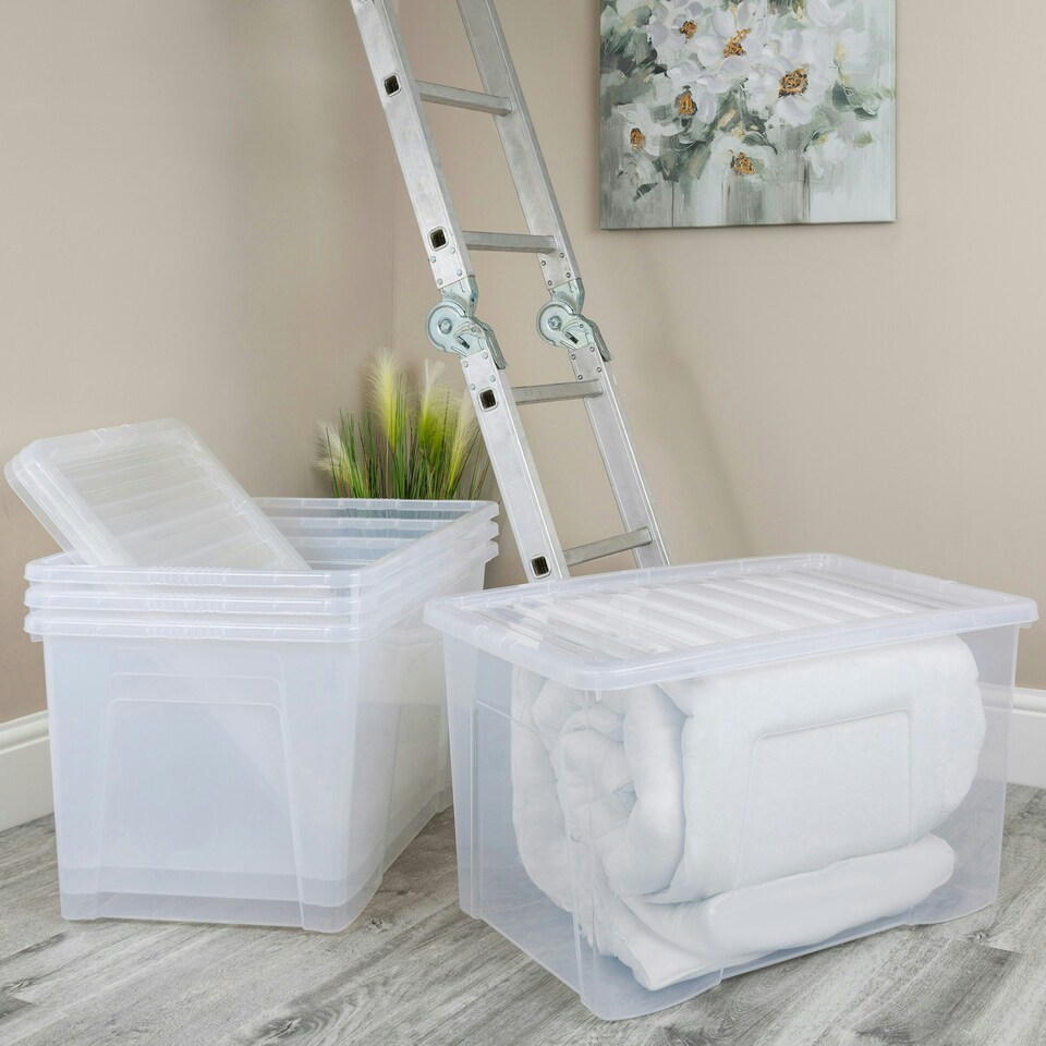 image 1 of Wham Crystal 4 x 102L Stackable Plastic Storage Boxes with Lids Clear Clear