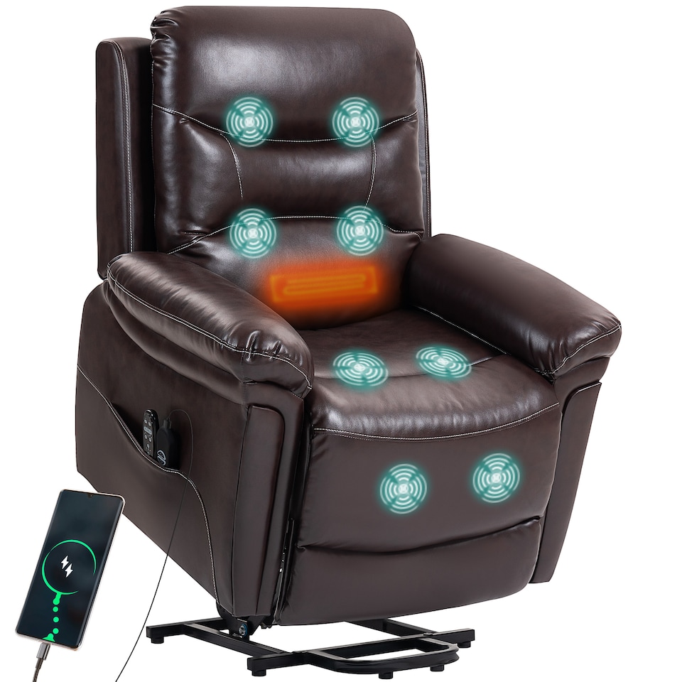 image 1 of HOMCOM Power Lift Recliner Chair with Vibration Massage and Heat, PU Leather Lift Chair with USB Port, Side Pockets, Spring Cushion, Remotes, Riser and Reclining Armchair for Living Room, Brown | Brown | Brown