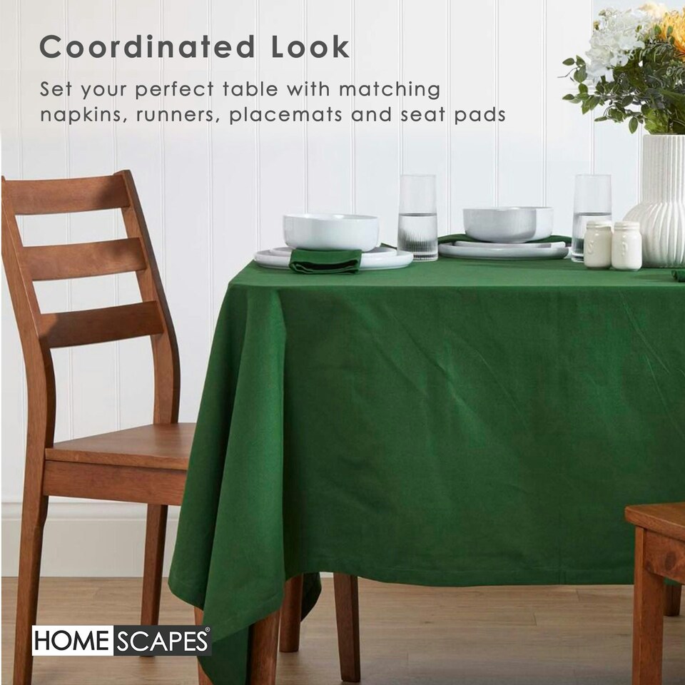 image 1 of Homescapes Plain Cotton Dark Green Tablecloth - 178 x 305 cm Green