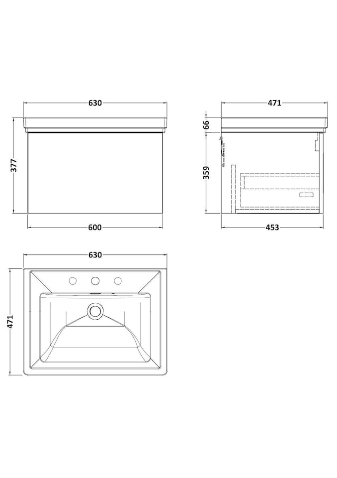 image 1 of Balterley Pershall Contemporary Wall Hung 1 Drawer Vanity Unit with Traditional 3 Tap Hole Fireclay Basin, 600mm, Dark Grey