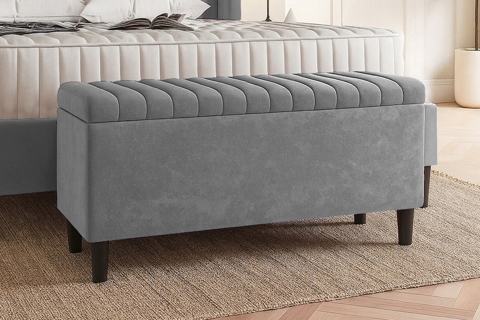 image 1 of 120cm Lined Upholstered Ottoman Storage box - Grey Plush Velvet Blanket Storage Box with Wooden Legs
