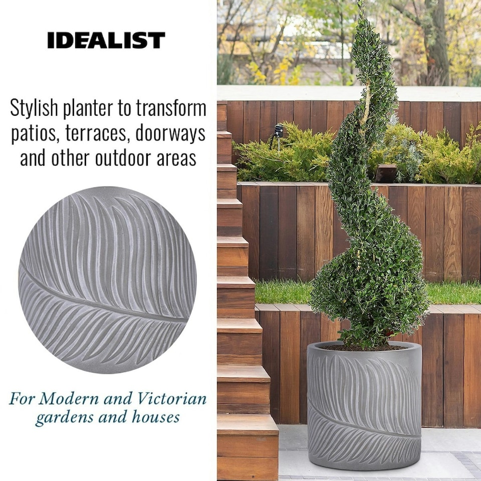 image 1 of Leaf Embossed Brown Round Garden Planter D37 H37 cm, 39.8 ltrs Cap.