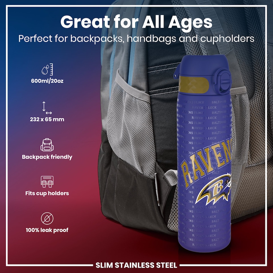 image 1 of Leak Proof Slim Water Bottle, Stainless Steel, NFL, 600ml (20oz) | Blue | NFL Ravens | One Size