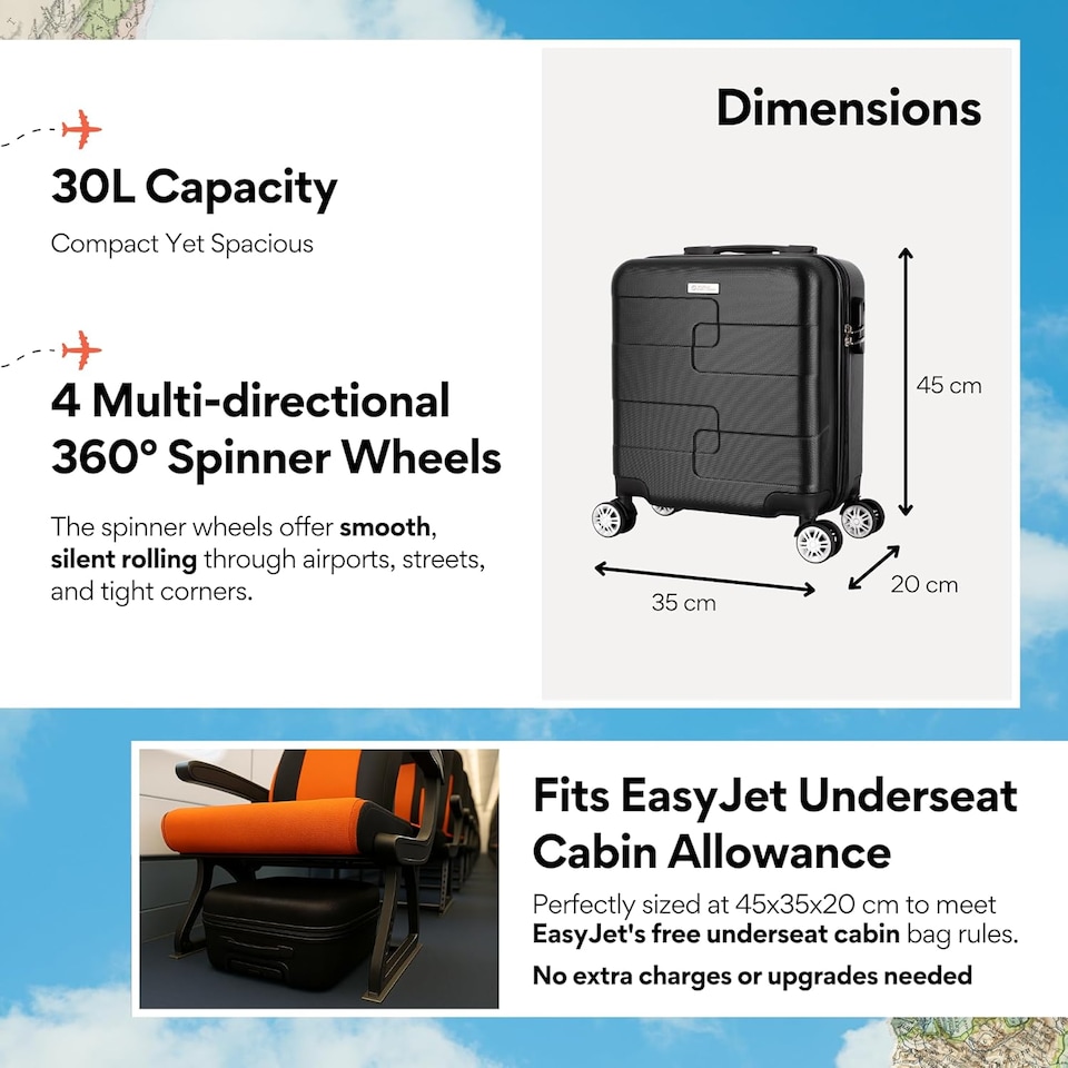 image 1 of Straame 45x35x20cm Black Cabin Suitcase, 360° Spinner Wheels