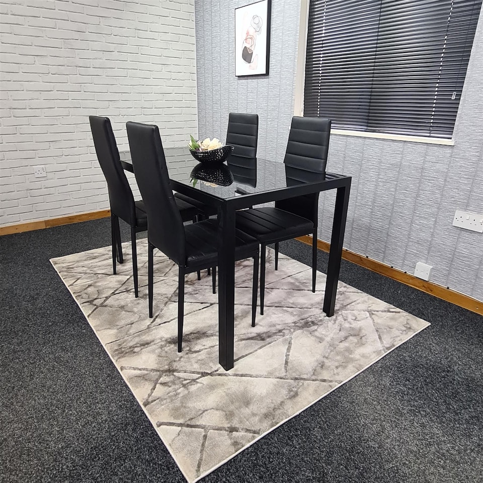 image 1 of Dining Table and 4 Chairs Black Glass 4 Faux Leather Chairs  Dining Room Furniture