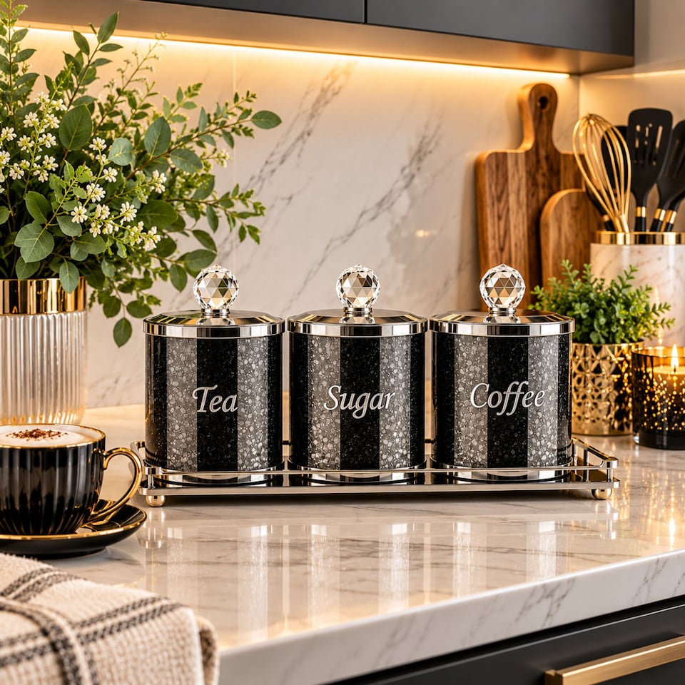 image 1 of Luxury Crystal Tea, Coffee And Sugar Canister Set - Black | Black