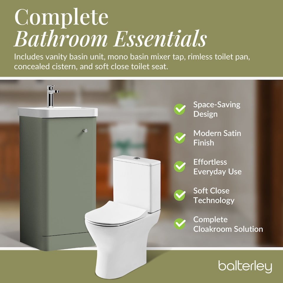 image 1 of Floor 1 Door Bathroom Vanity Unit, Tap & Toilet Pack, Green, 379mm | Green | Satin Green