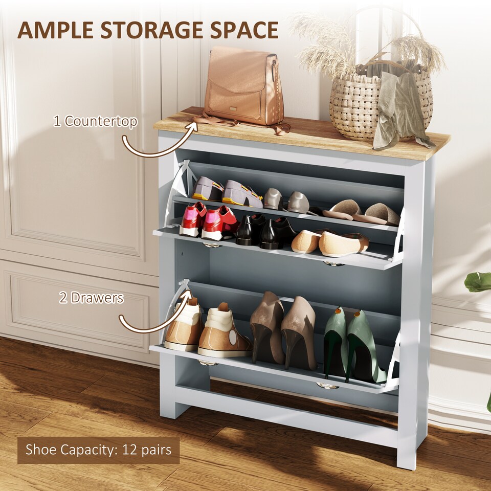 image 1 of HOMCOM 2 Drawer Shoe Cabinet Narrow Shoe Cupboard with Flip Doors, Grey | Grey | Grey