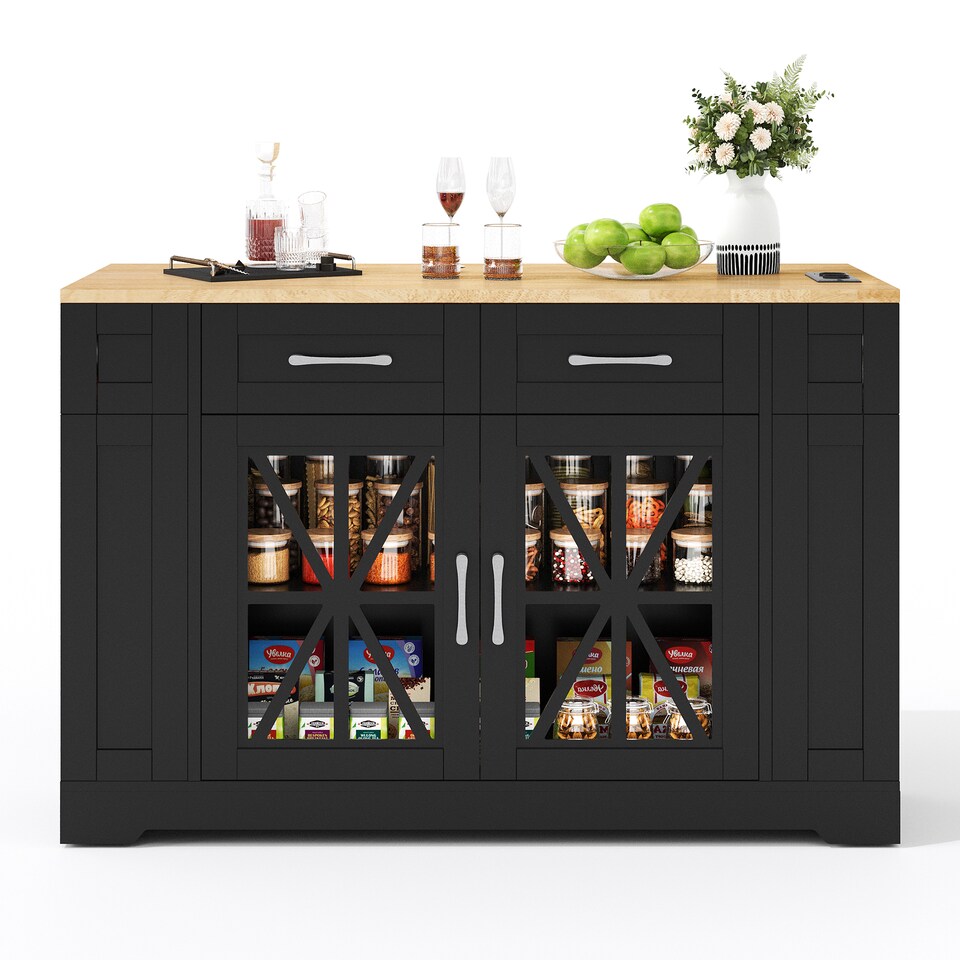 image 1 of VILUXE Mobile Kitchen Island with Foldable Worktop, 2 AC Sockets, 2 USB Ports, Glass Doors, Adjustable Shelves and Lockable Wheels, Black and Natural