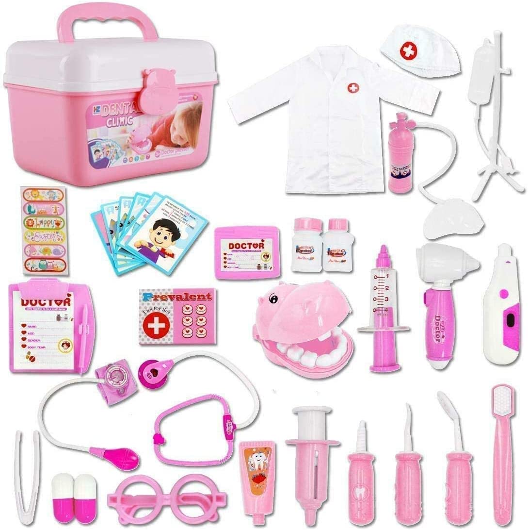Doctor & Dentist Role Play Carrycase - Electronic Medical Play Set with Lights, Sounds & 30 plus Accessories (Pink)