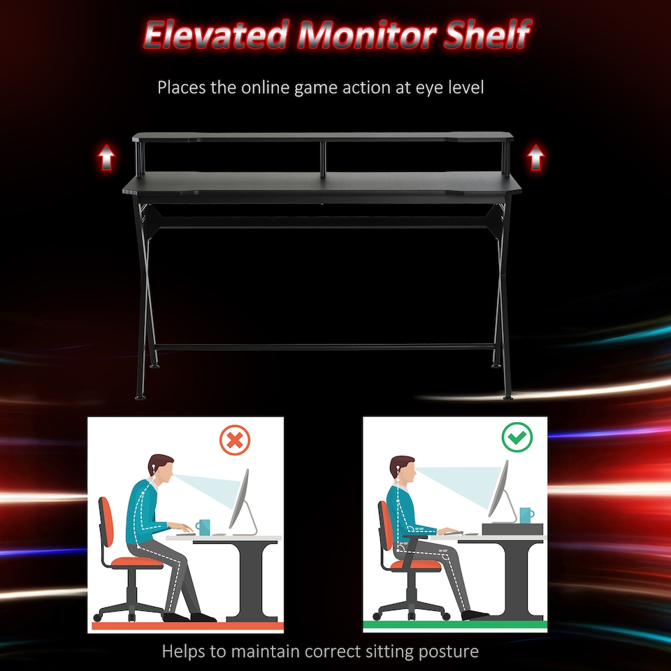 image 1 of HOMCOM Gaming Desk Writing Racing Computer Table Workstation with Headphone Hook Curved Front Adjustable Feet for Home Office Use 140 x 60cm
