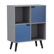 Grey 4-Cube Storage Unit with 2 Wooden Doors and Legs | Blue | Blue & Black | 1