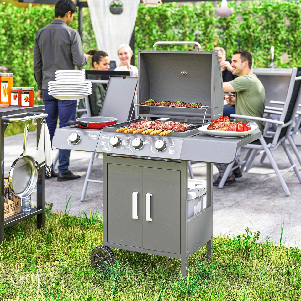 image 1 of Outsunny Gas Barbecue Grill 3+1 Burner Garden BBQ w/ Large Cooking Area