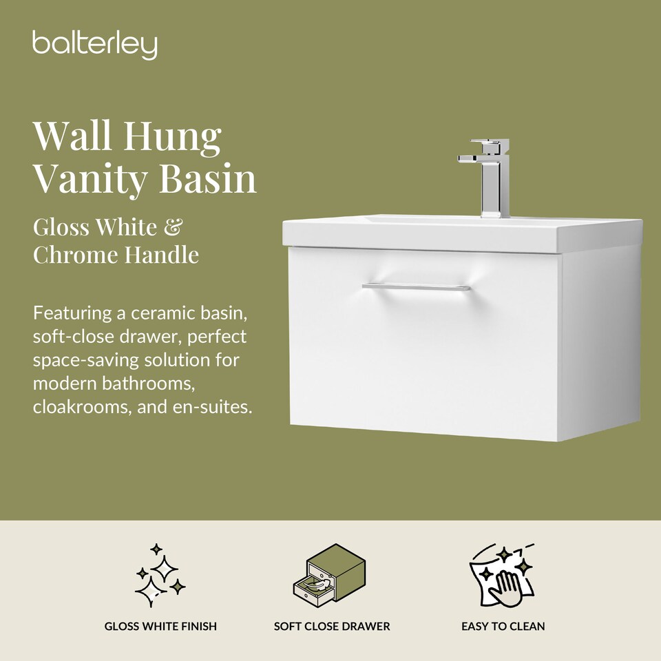 image 1 of Bathroom 1 Soft Close Drawer Wall Hung Vanity Unit Basin, White, 600mm | White | Gloss White | 399 x 610 x 390mm