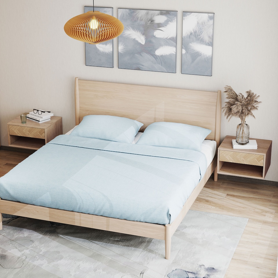 image 1 of HOMCOM Floating Nightstands Set of 2, Bedside Table w/ Drawer and Open Shelf | Brown | Natural wood finish | 37W x 32D x 21H cm