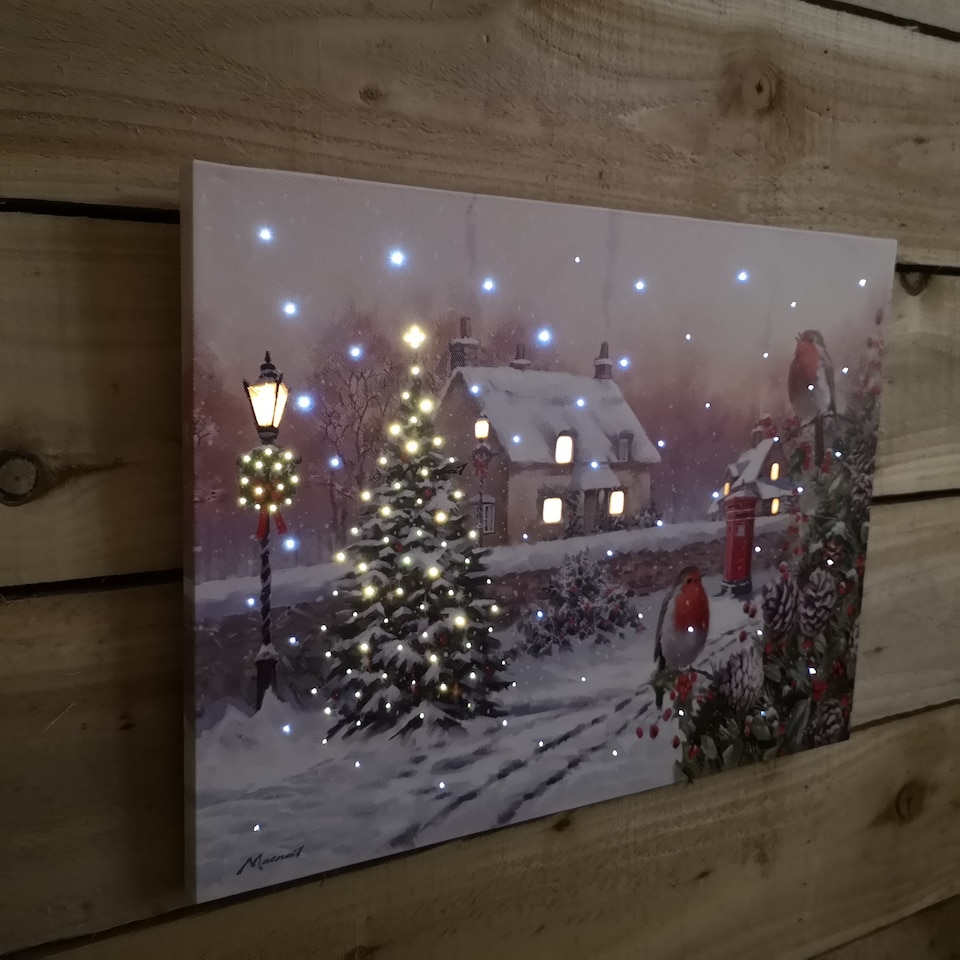 image 1 of H30cm x 40cm Christmas Scene With Robins Wall Art Canvas