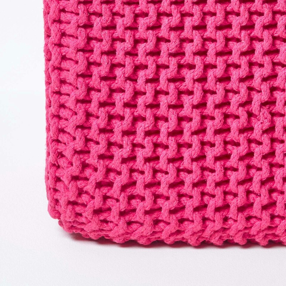 image 1 of Homescapes Hot Pink Cube Cotton Knitted Pouffe Footstool