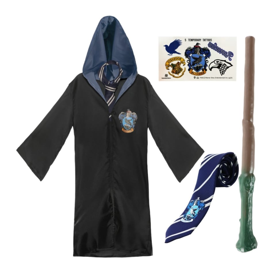 image 1 of Harry Potter Costume - 4Pcs - Ravenclaw Cloak, Tie, Tattoos & Wand | Multi | S