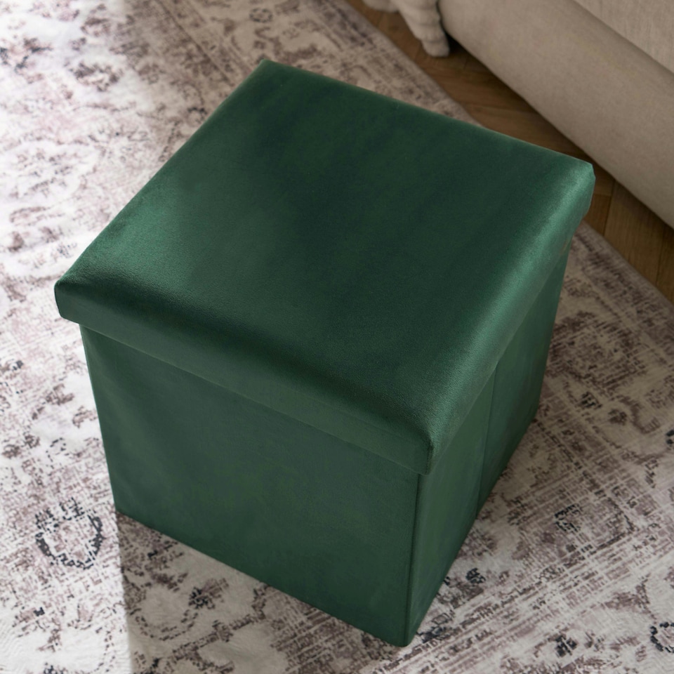 image 1 of OHS Matte Velvet Soft Foldable Cube Footstool Seat Storage Organiser Ottoman | Green | Forest Green