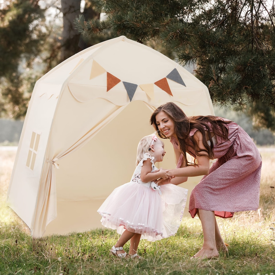 image 1 of COSTWAY Kids Play Tent Indoor & Outdoor Extra Large Playhouse Tent-Beige