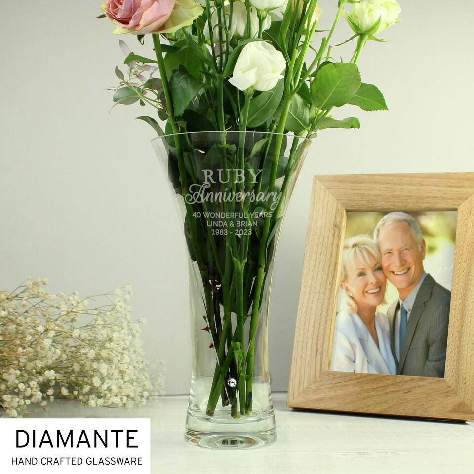 image 1 of Personalised Ruby Anniversary Large Hand Cut Diamante Heart Vase Clear