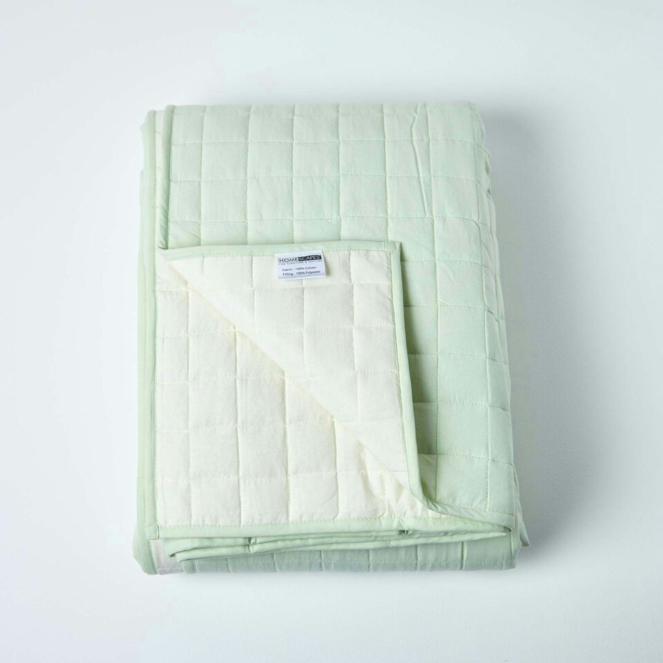 image 1 of Homescapes Cotton Quilted Reversible Bedspread Sage Green and Cream - 150 x 200 cm | Green