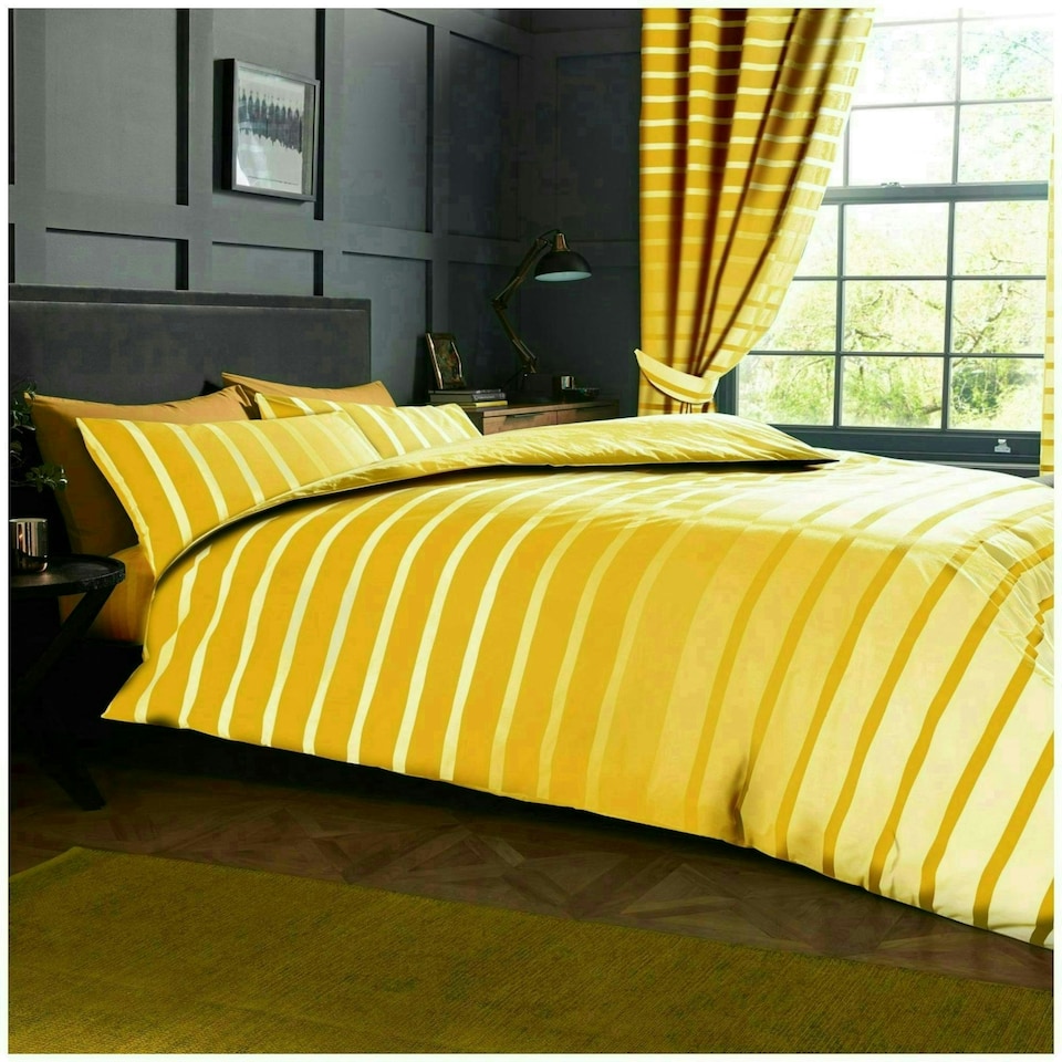image 1 of VELVETIO Oscar Stripe Duvet Cover Set Reversible Polycotton Easy Care Beddings Yellow | Ochre | King