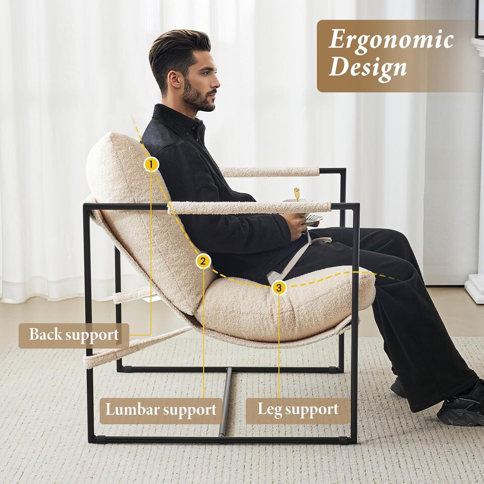 image 1 of Boucle Fabric Lounge Chair with Metal Frame Upholstered Accent chair Luca White