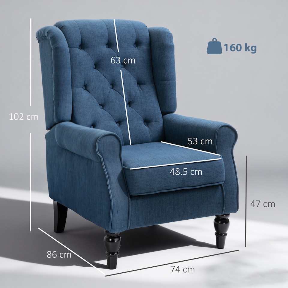 image 1 of HOMCOM Retro Accent Chair, Snow Flannel Wingback Armchair with Wood Frame Button Tufted Design for Living Room Bedroom, Blue
