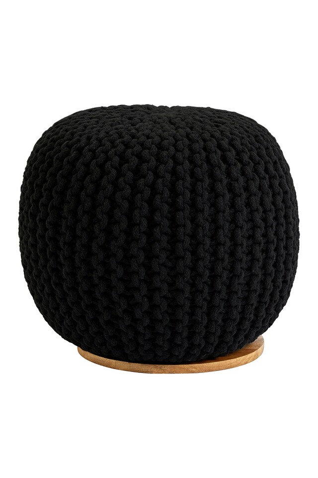 image 1 of Comfortable Black Woven Pouffe, Plump Round Body Pouffe For Bedroom, Chunky Pattern Pouffe For Livingroom | Black