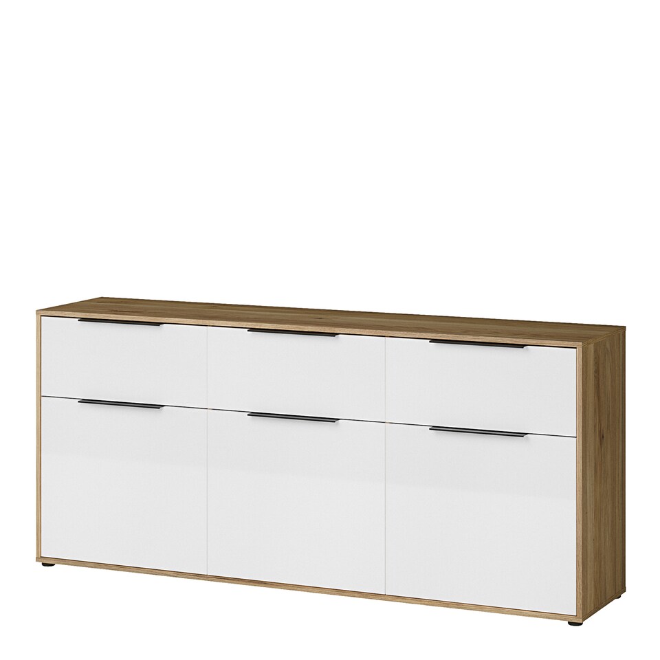 image 1 of Orkney 3 Drawer Sideboard with 3 Doors in Mauvella Oak and White Gloss
