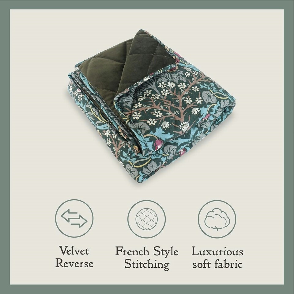 image 1 of Morris & Co Blackthorn Print Square Box Dog & Cat Blanket Green | One Size
