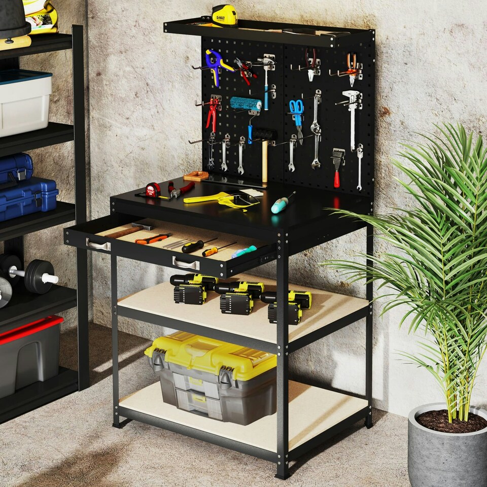 image 1 of COSTWAY Workbench 290KG Work Table w/2 PCS Pegboard-Black