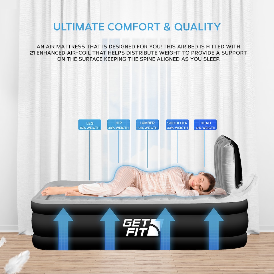 image 1 of Get Fit Air Bed With Built In Electric Pump - Premium Single Airbed - Quick Blow Up Bed With Headboard & Free Inflatable Pillow | Black | Black / Grey | 1