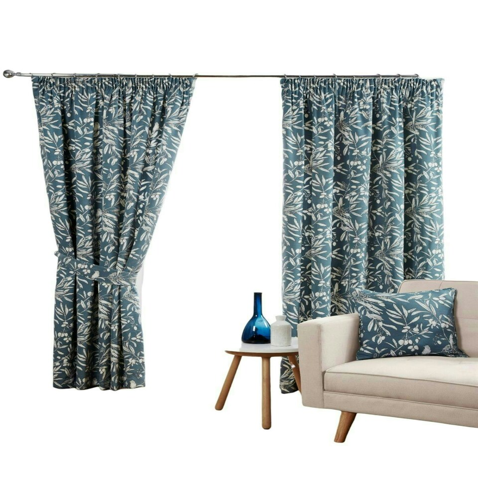image 1 of Aviary Pencil Pleat Curtains - Blue - 117cm x 229cm