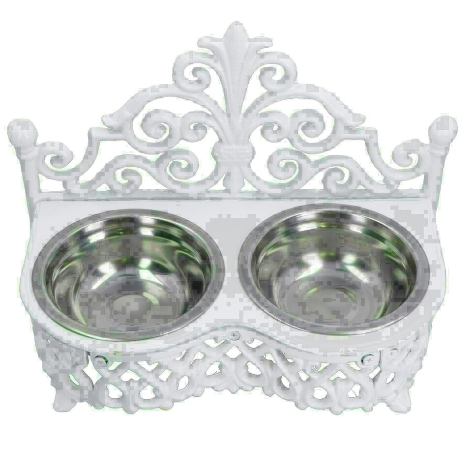image 1 of Dog Puppy Cat Feeding Food Bowls Dishes Stainless Steel / Cast Iron White Stand White