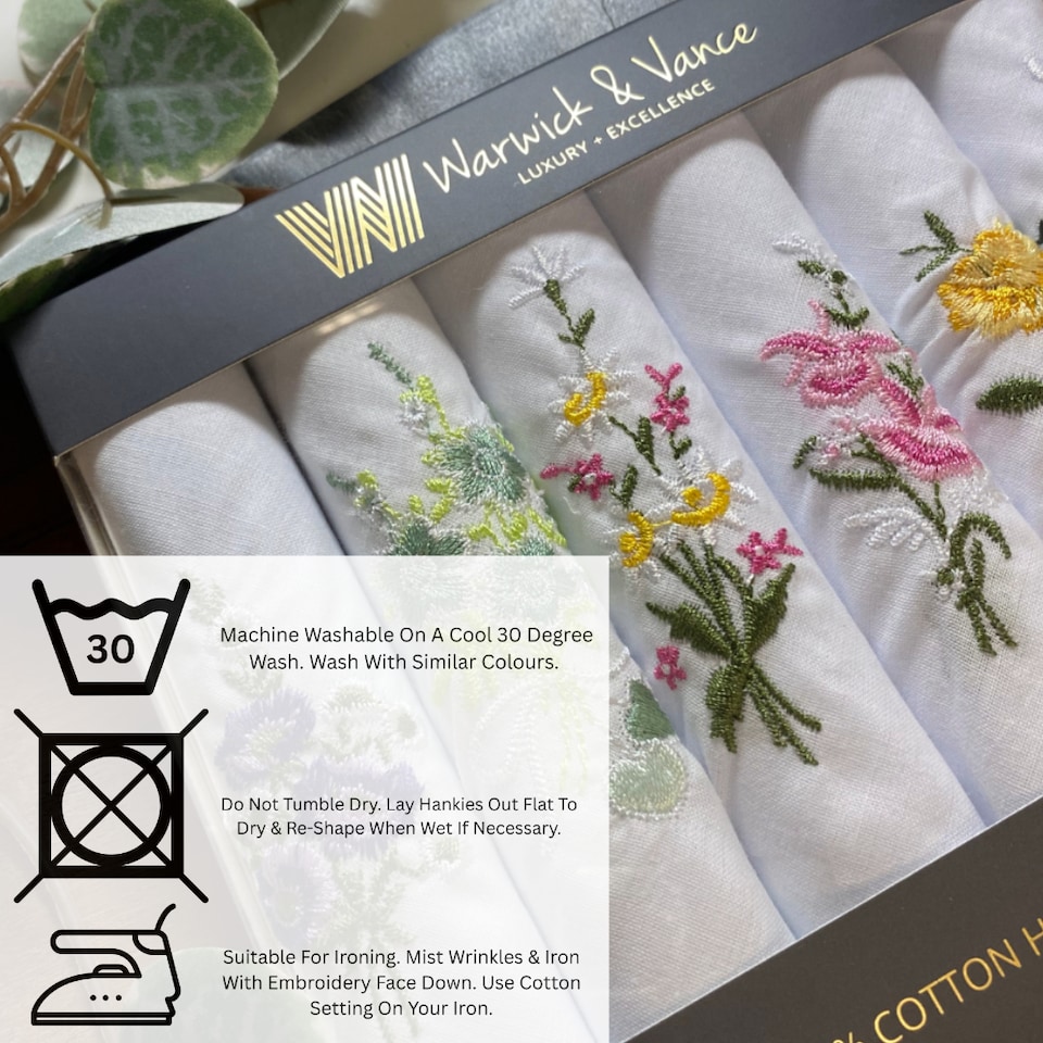 image 1 of Warwick & Vance Pack Of 6 Ladies White Handkerchiefs, Floral Embroidered Collection With Satin Stripe Borders