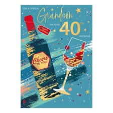 Words 'n' Wishes Birthday Card, Age 40 - Grandson Foiled and Patterned Red Wine Bottle, 23.5 x 16.5 cms, Multi-Coloured