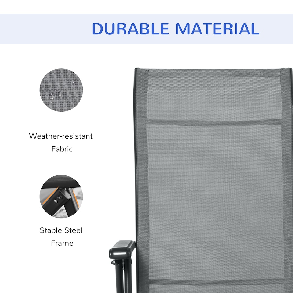 image 1 of Outdoor Reclining Garden Chair Set of 2, 10-Position Adjustable Folding Sun Lounger Zero Gravity Chairs with Texteline Seat, Armrests and Footrest for Patio, Grey