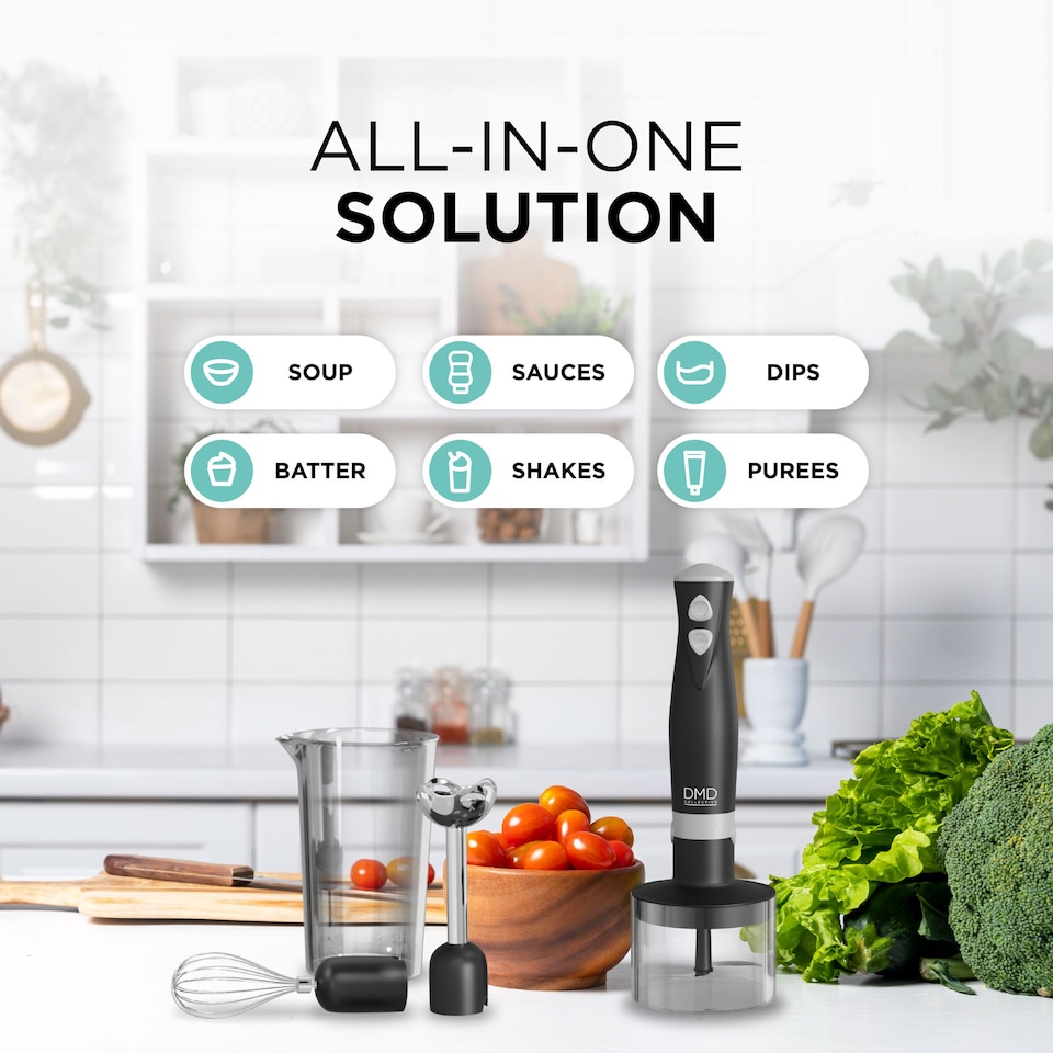 image 1 of DMD 5-In-1 Immersion Hand Blender Set, Fruit & Veg Mini Chopper & Whisk Attachment, Stainless Steel Cutting Edges, Compact Food Processor | Black