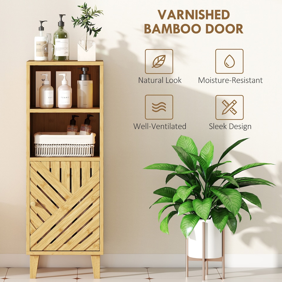 image 1 of HOMCOM Slim Bathroom Cabinet with Bamboo Door and Legs, Narrow Bathroom Storage Cabinet, Freestanding Storage Cupboard with Open Compartments, 32 x 30 x 90 cm, Natural Wood Finish