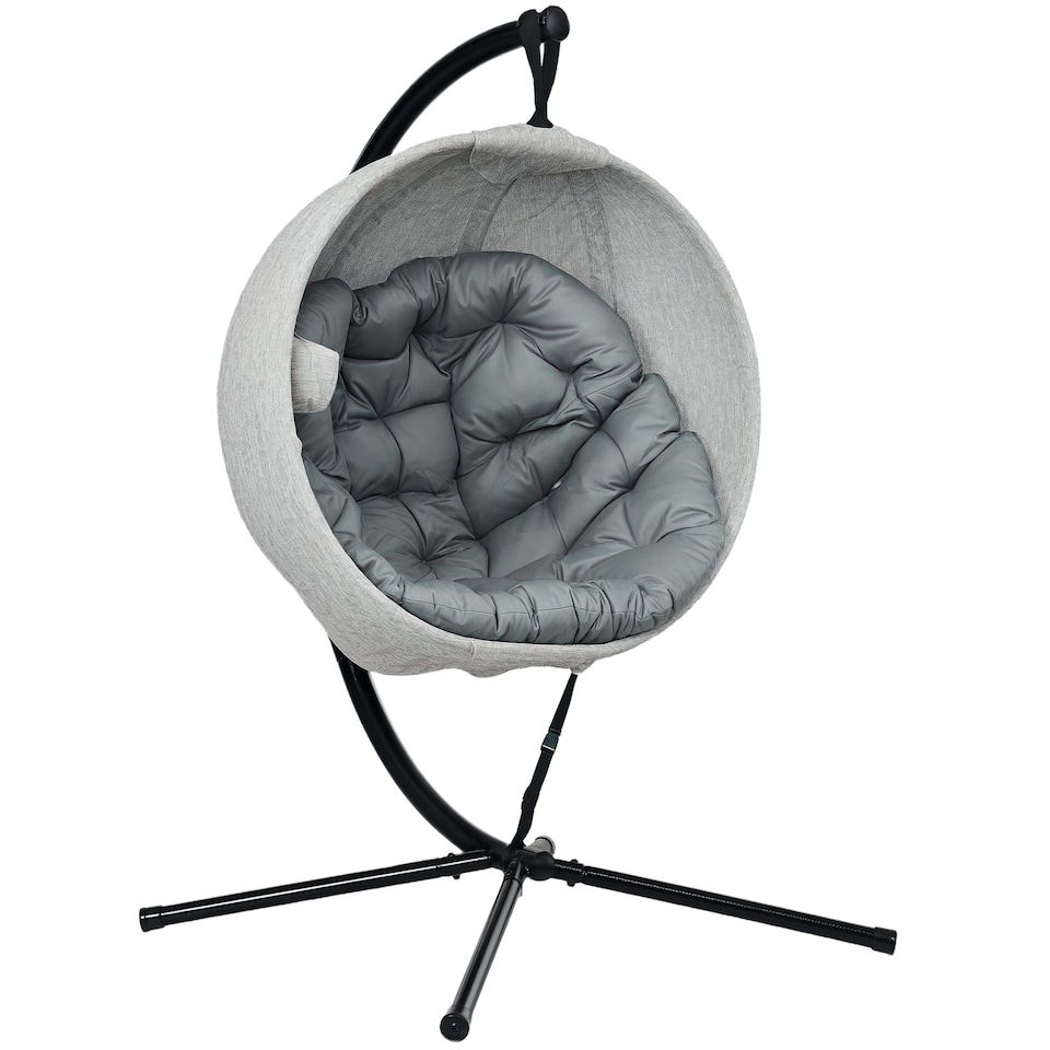 image 1 of Outsunny Hanging Egg Chair Outdoor Indoor Garden Swing Chair with Folding Basket, Thickened Cushion, Cup Holder for Patio, Balcony, Grey | Grey | Grey