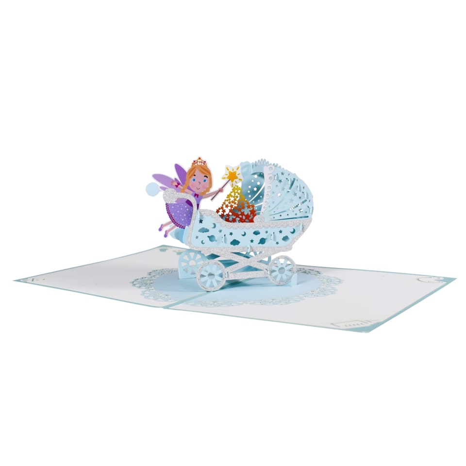 image 1 of Blue Baby Boy Carriage and Fairy 3D Pop Up Baby Shower Greeting Card