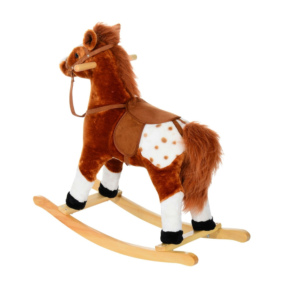 image 1 of HOMCOM Rocking Horse Toy Plush Wood Pony Riding Rocker Neigh Sound Brown
