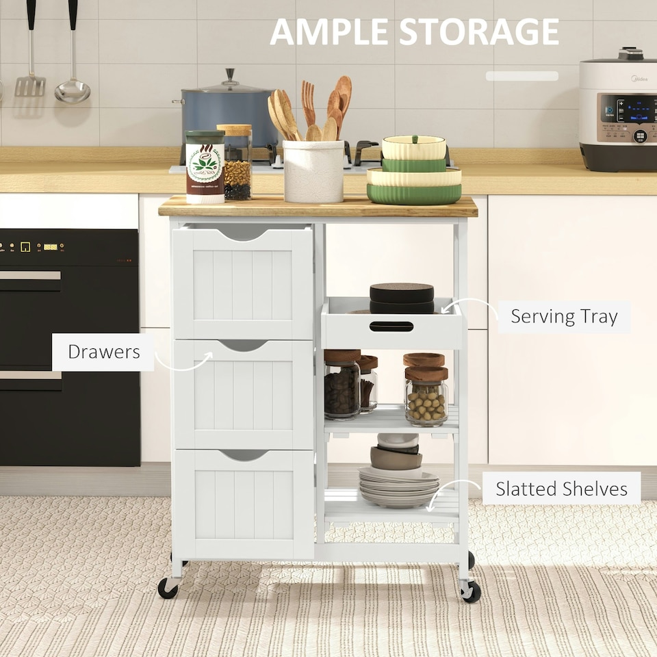 image 1 of HOMCOM Rolling Kitchen Island Cart, Bar Serving Cart, Compact Trolley White