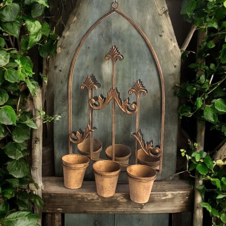 image 1 of Wall Mirror with Triple Planter - Metal - L15 x W45 x H75 cm - Rusty