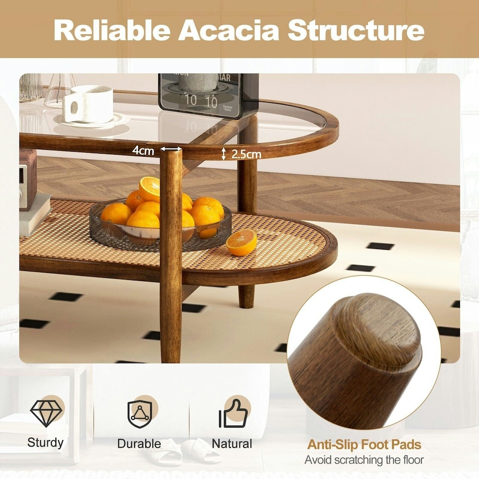 image 1 of COSTWAY 2-Tier Coffee Table Rattan Center Cocktail Tea Table Brown