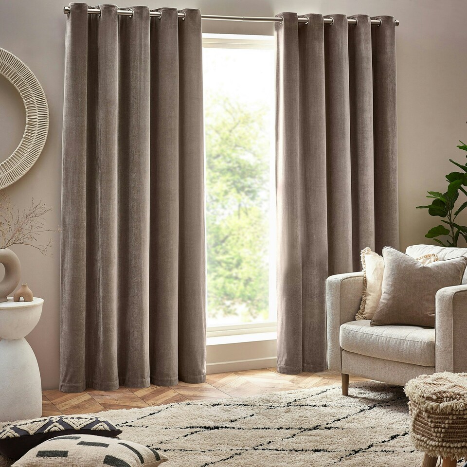 image 1 of Yard Heavy Chenille Velvet Greige Eyelet Curtains 117 x 137cm Multi